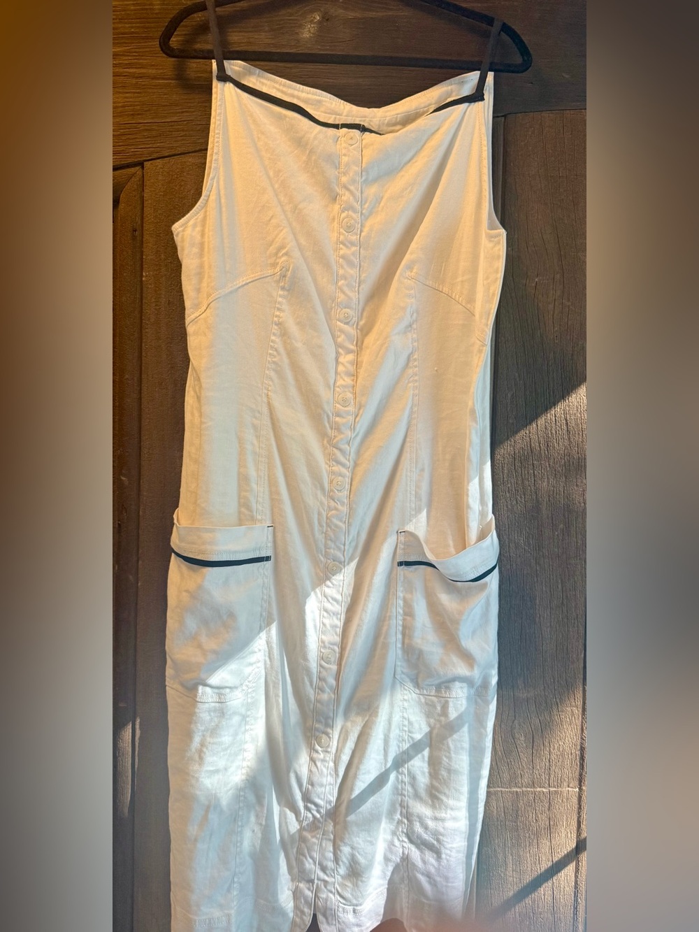 Maeve Cream Button-Front Maxi Dress with Black Trim